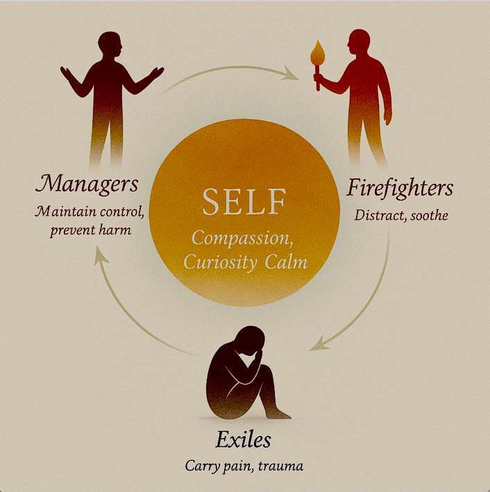 A diagram illustrating internal family systems (IFS): three figures surround a central SELF circle with Compassion, Curiosity, and Calm. The figures represent Managers (control), Firefighters (soothe), and Exiles (carry pain/trauma). Blue Canary Psychotherapy NYC